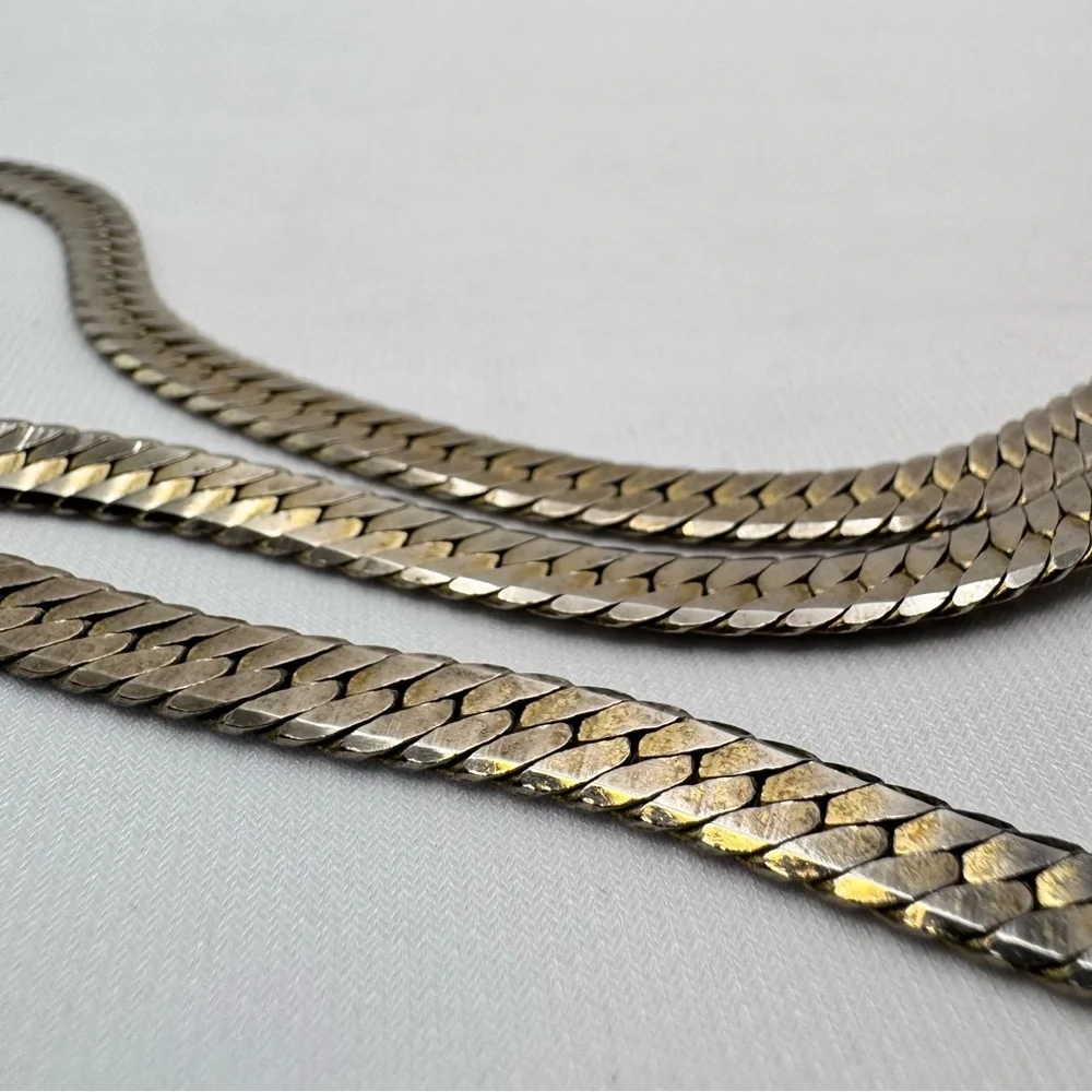 Vintage Gold Tone Herringbone Chain Necklace Classic Flat Link Statement